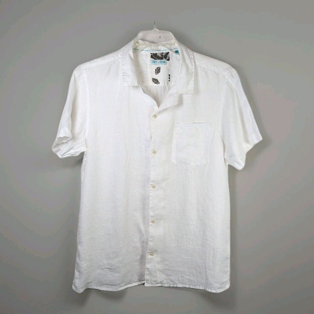 Tenth + Ocean 100% Linen Mens Casual Shirt - Size L - Crispy White Beach